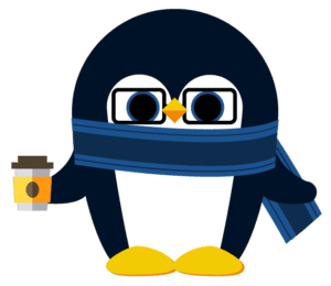 cartoon penguin with scarf and coffee in hand