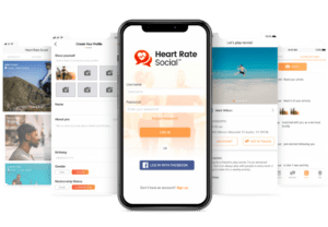Heart-Rate-Social phone screen in front with other phone screens behind