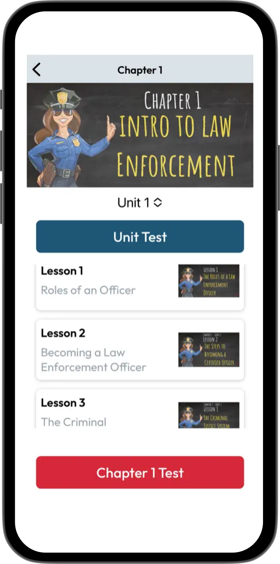 A screenshot from the Ridgefox Academy mobile app with the Ridgefox logo at the top, an account icon on the top right corner, a banner with a police car, and three large buttons with the following respective text: Chapter 1, Introduction to Law Enforcement; Chapter 2, Communication; Chapter 3, Legal.