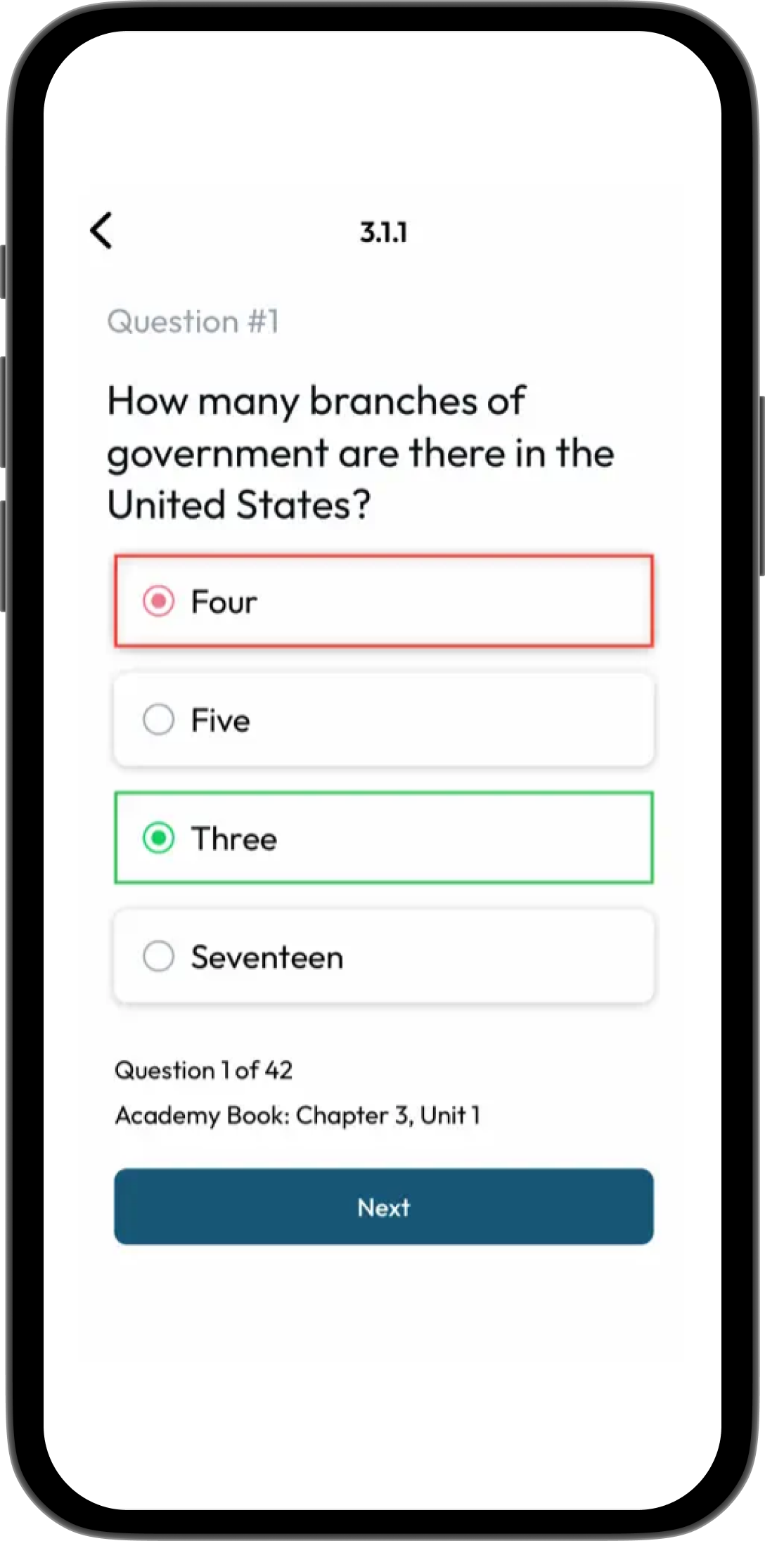 A screenshot from the Ridgefox Academy mobile app showing a test question and results.