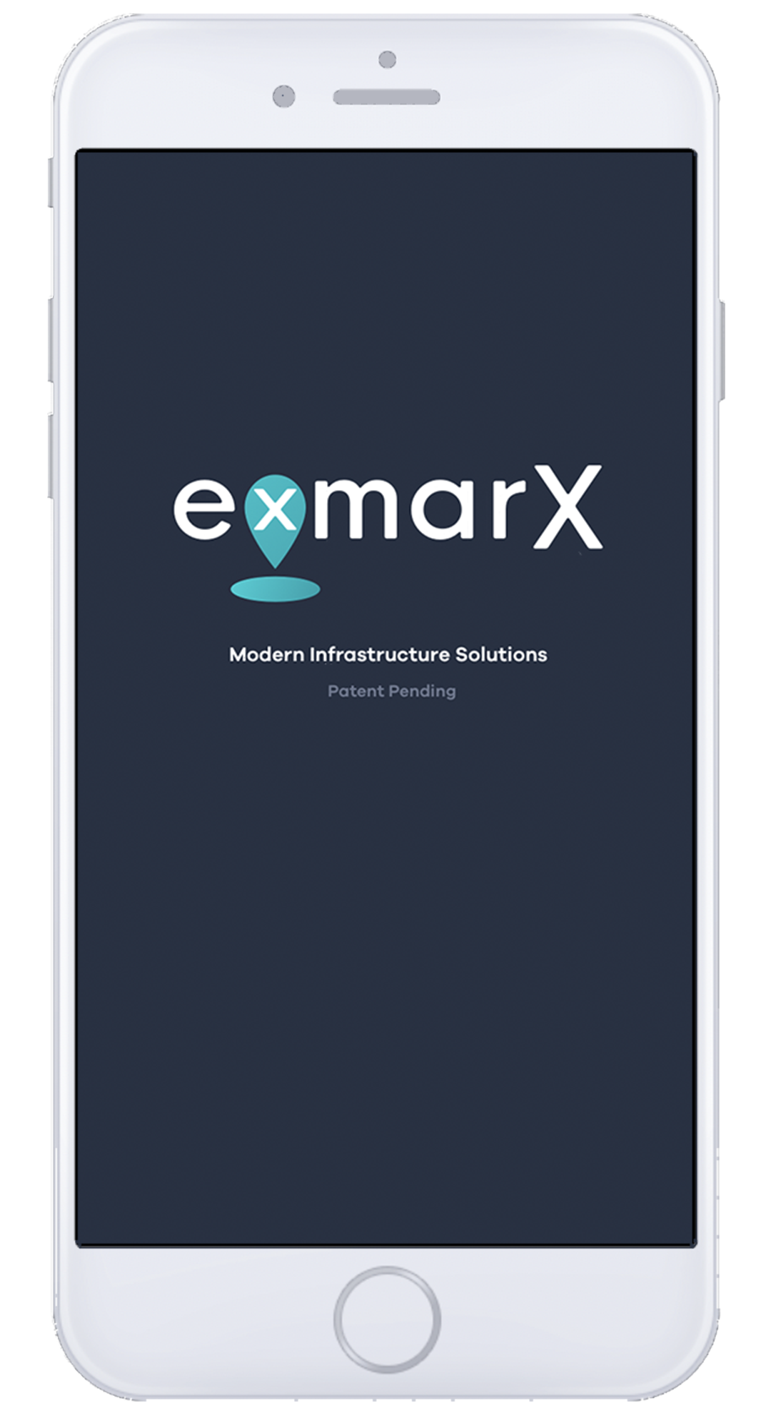 A sample of a screen from the eXmarX mobile app. A white iPhone mockup with a home screen that includes the logo for eXmarX and the words Modern Infrastructure Solutions Patent Pending below the logo.