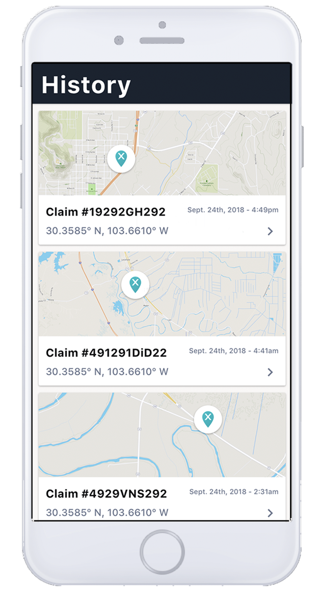 A sample of a screen from the eXmarX mobile app. A white iPhone mockup with a screen that says History and shows images of maps with captions that list a claim number and longitude and latitude.
