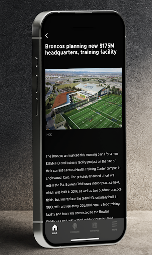 An image of an iPhone where the screen is showing a sports related article from the Sports Business Journal iOS application. The headline reads "Broncos planning new $175M headquarters, training facility"